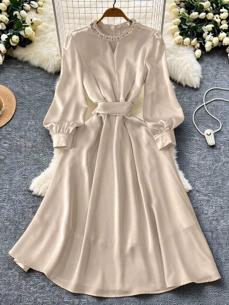 INAWLY Abito elegante da donna a maniche lunghe con scollo a serratura e vita aderente, di colore unito - Bianco - Visualizzare 1