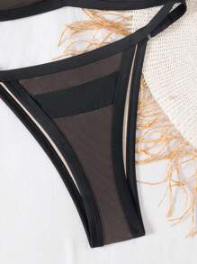 Swim SXY 2pcs Springbreak New Solid Color Mesh Splice Adjustable Strap Sexy & Elegant Resort Bikini Set, For Beach, Pool, Party For Summer Beach Vacation - Black - View 3