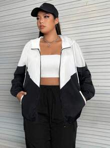SHEIN EZwear 大码女式撞色拉链抽绳连帽休闲夹克 - 彩色 - 查看 6