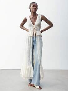 Maija Women's Apricot Summer Apparel, V-Neck Front Tie Ruffle Textured Embroidered Floral Fabric, Double Ruffle Hemline Tie Waist Sleeveless Elegant Fashionable Sexy Minimalist Bohemian Hawaiian Beach Resort Style Long Tank Top - Apricot - View 2