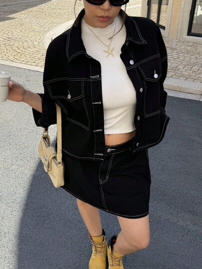 Dripcurv طقم مكون من قطعتين من جاكيت جينز فضفاضة غير قابلة للكسر وتنورة قصيرة للنساء ذوات الحجم الكبير، بتصميم الشارع الكاجوال