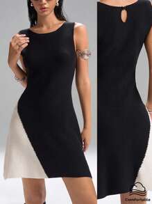 LYSMO Women's Black And Beige Patchwork Mini Sweater Dress,Autumn Chic Sleeveless Skinny Dress For Date,Formal Cocktail Party Wedding Guest Office Wear - Black and White - View 1