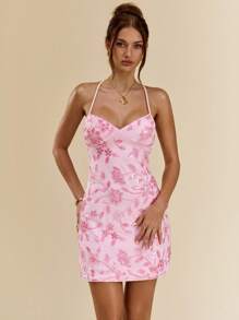 SHEIN BAE Váy liền thân hở lưng màu xanh lá cây gợi cảm đính hạt sequin, váy ngắn thanh lịch và gợi cảm cho bãi biển, kỳ nghỉ, mùa hè - Màu Hồng baby - Xem 2
