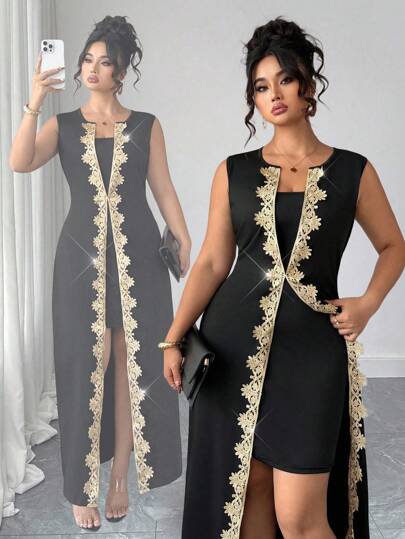 Elenzga 大码春夏热卖休闲通勤时尚都市女性独特经典黑色针织拼布金色蕾丝边优雅设计女式连衣裙