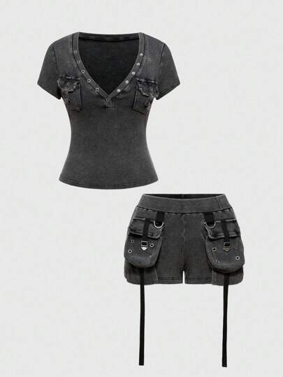 Grunge Punk Ensemble de 2 pièces avec t-shirt décontracté au col rond et short en style punk vintage délavé avec poches, pour femmes