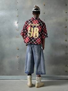 NEON BLANC 男士格子编织短袖字母数字印花衬衫，适合夏季，emo - 紅色 - 查看 7