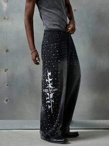 NEON BLANC 男士休闲宽松梭织牛仔裤，垃圾摇滚风 - 黑色 - 查看 2