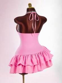 Amplova Women Plus Size Solid Color Double Ruffle Hem Fashionable Halter Neck Dress - Pink - View 1