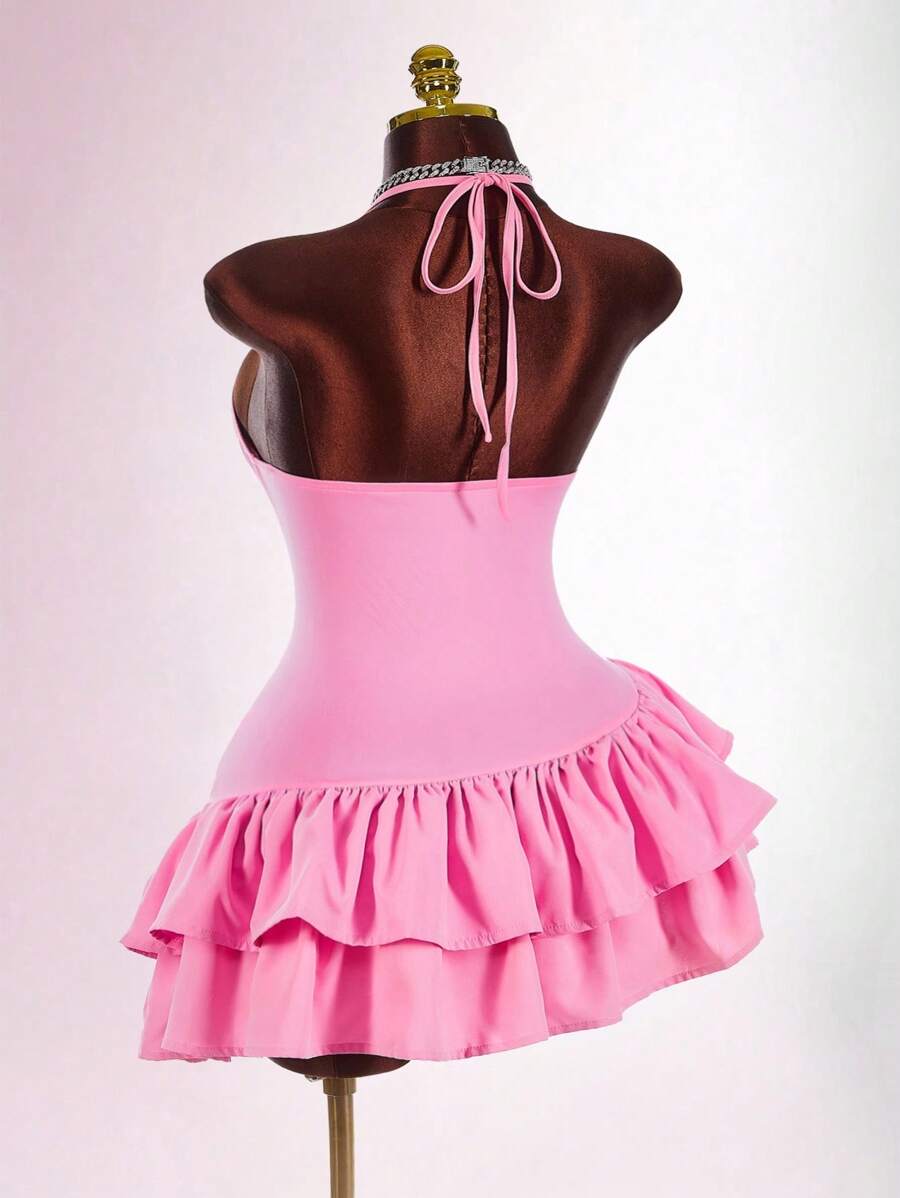 Amplova Women Plus Size Solid Color Double Ruffle Hem Fashionable Halter Neck Dress - Pink - View 1