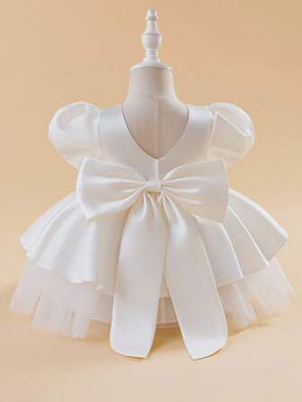 Glamorique Kids Baby Girl's Puffy Mesh & Satin Floral Dress, Bridesmaid/Birthday Tulle Dress With Bubble Sleeves, Bow Back, Infant Wedding/Party Pageant Gown