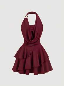 SHEIN MOD Gaun Mini Asimetris Pesta Musim Panas Burgundy Vintage Era 70-an, Leher Halter, Dekorasi Manik-manik, Hem Berlapis, Detail Ruffle, Kerah Berlipat, Terinspirasi Gaya Y2K - Burgundy - View 1