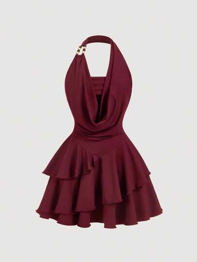 SHEIN MOD Vintage 70s Asymmetrical Mini Dress With Ruffle Details, Halter Neck, Beaded Decoration, Layered Cake Hem, And Draped Collar - Y2K Inspired, Perfect For Island Vacations, Parties, Dates, Birthday Celebrations, Afternoon Teas, And Festivals!