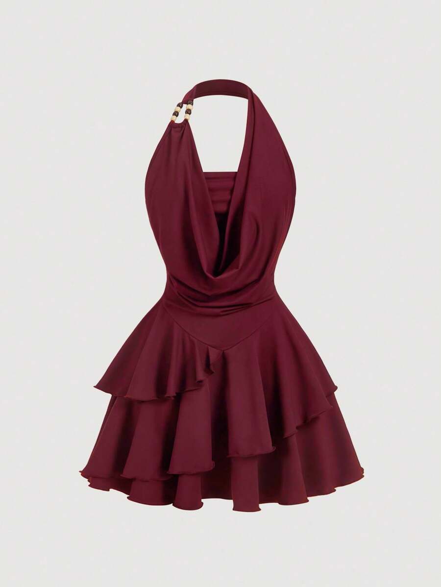 SHEIN MOD Gaun Mini Asimetris Pesta Musim Panas Burgundy Vintage Era 70-an, Leher Halter, Dekorasi Manik-manik, Hem Berlapis, Detail Ruffle, Kerah Berlipat, Terinspirasi Gaya Y2K - Burgundy - View 1