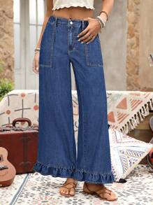 EMERY ROSE Plus Size Frilled Edge Wide Leg Denim Pants, Vacation Style - Dark Wash - View 3