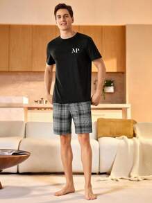 Men's Plaid Elastic Waist Lounge Shorts Sleep Shorts  Pajamas Set