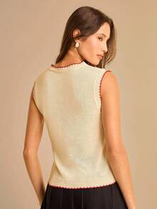 CAJUNI Women's Shell Pattern Knit Round Neck Vest, Casual & Retro In Fall/Winter - Cream - View 2