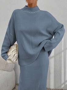 EURMUSE 2件套：仿珍珠细节长袖上衣和针织裙 - 淺灰色 - 查看 2