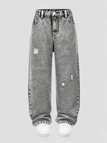 SHEIN Explorewe Tween Boy Light Grey Ripped Jeans,Distressed Straight Leg Denim Pants For Back-To-School,Autumn Streetwear School Casual Chic Fashionable Clothes - Grey - View 4