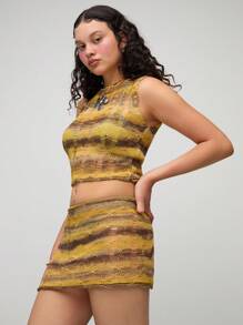 COUREZ Top de punto con cuello en pico y rayas en amarillo mantequilla y marrón /Verano para mujer /Casual de calle /Vintage Y3K Y2K - Multicolor - Ver 4