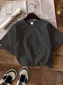 SHEIN 适合夏季的年轻男孩休闲简约圆领T恤 - 深灰色 - 查看 3