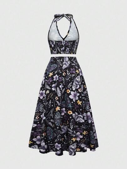 Fairycore Ensemble 2 pièces Top à col ras-du-cou et mini-jupe imprimés papillon et floral pour femmes