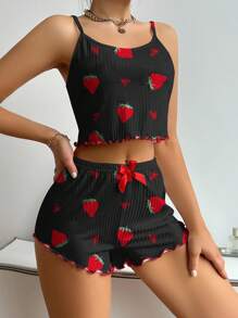 Women's Strawberry Print Camisole And Shorts PJS Strawberry Short Sets For Women Two Piece Set Women Summer Two Piece Night Set - Black - View 4