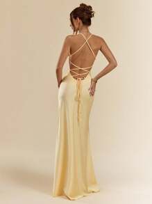 SHEIN BAE Spring And Summer Sexy Simple Solid Color Yellow Satin Halter Strap Backless Ladies Maxi Dress, Party Gathering Cocktail Look, Formal Occasion Party Dress, Wedding Bridesmaid Dresses Women, Birthday Mini Dress Dress,Fall Wedding Guest Dress