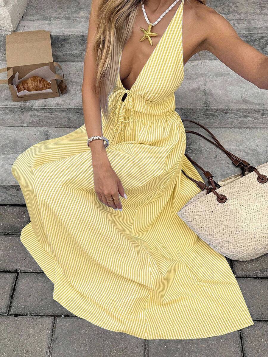 Serisse 夏季新款蓝白条纹A字型女式无袖长裙 - 黃色 - 查看 1
