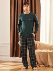 2pcs Men's Patchwork Pocket Long Sleeve Top And Plaid Long Pants Loungewear Set  Cozy And Elegant Details, Fall Clothes