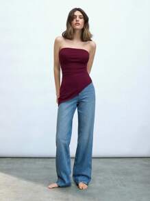 Maija 女士酒红色夏季侧褶修身性感优雅音乐会纯色不对称下摆短款上衣外出