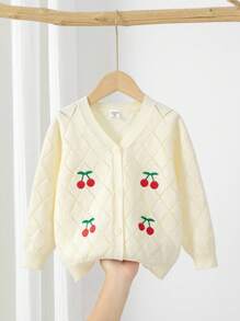 SHEIN Girls' Cherry Embroidery Cardigan Sweater, Knitted Open Front Jacket, Apricot ColorYoung Girls Cardigans (Little) Cardigan  White V-Neck Button Long-Sleeved Beige Red Cherry Embroidered Cutout Knitted Sweater Fitted Sweater Cardigan Soft And Comfortable In Spring, Autumn And Winter, Suitable For Daily Scenes, Suitable For  Scenes, Suitable For Traveling Scenes, Suitable For Vacation Scenes, Suitable For Home Scenes, Suitable For Nursery Scenes, Suitable For Children To Play And Wear Back To School - Apricot - View 1
