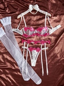 Snug Zone Conjunto de lencería sexy con bordado floral de malla y aros para salir - Multicolor - Ver 8