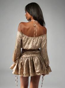 MISSGUIDED Off Shoulder Snake Print Mini Dress Long Puff Sleeve Ruched Waist Party Evening Holiday Special Occasion Fall Winter Spring Clubwear - Gold - View 2