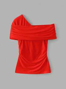 Maija Blusa de mujer con diseño asimétrico de hombro fruncido, casual y elegante, de estilo minimalista urbano. Suave y cómoda, con ajuste ceñido, fruncido lateral desigual, borde enrollado y manga corta. Blusa hombro descubierto para conciertos, vacaciones y atuendos modestos de mujer.