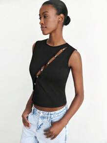 Maija Women's Black Sleeveless Metal Decor Modern Urban Casual Comfortable Fitted Round Neck Top With Metal Mushroom Button Accent, Versatile For All Season, Office, Business Casual, Urban Commute, Magazine Editor Favorite