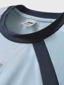 JNSQ Camiseta de manga corta para deportes al aire libre para volver a la escuela, camiseta gráfica de cuello redondo con bloqueo de color y estampado divertido para niños para deportes al aire libre