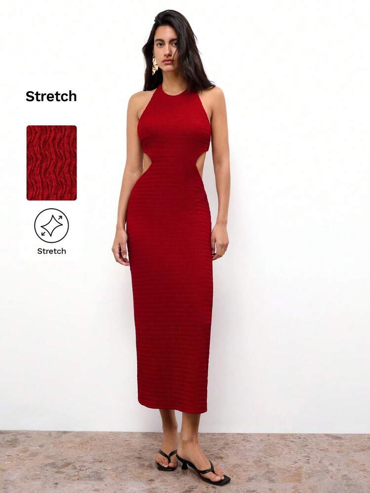 SHEIN Maija Women's Angora Textured Fabric Dress, Versatile & Elegant Casual Design, Comfortable Fitted Round Neck Backless Cinched Waist Slimming Dress, Suitable For Beachside, Ibiza, City Social Gatherings, Summer