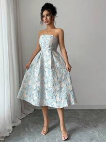 Elenzga Vestido de verano elegante de longitud media con estampado jacquard y escote bandera para mujer
