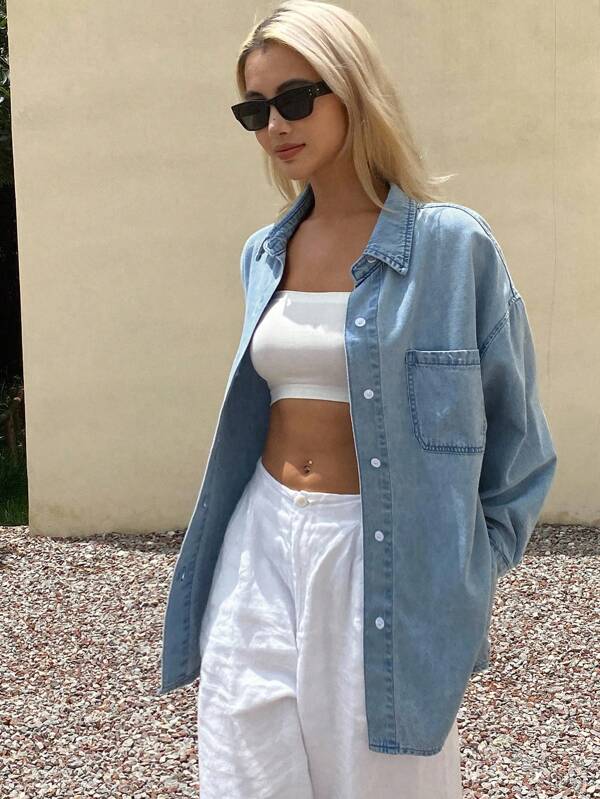 Livesso Damen Hemdbluse mit Umlegekragen, Langarm, locker geschnitten, Denim Jacke, Herbstmode für Frauen