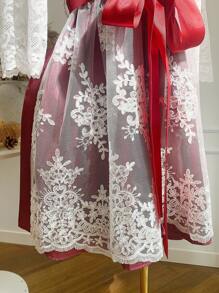 SHEIN EZwear 蕾丝对比拼布提花甜美浪漫 Dirndl 加大码 A 字连衣裙 - 粉色 - 查看 3