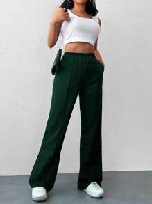 EURMUSE 100%Cotton Solid Color Wide Leg Pants With Elastic Waistband - Hijau - View 3
