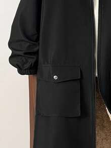 SHEIN 青少年男童休闲毛绒衬里连帽中长款厚梭织夹克，适合上学、花园、海滩、生日、春季、夏季、秋季、冬季 - 黑色 - 查看 5