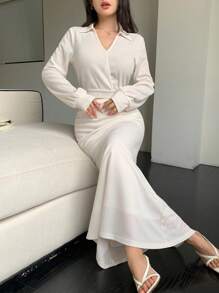 Modelyn 2 件套女式纯色长袖短款上衣和鱼尾下摆半身裙套装 - 米色 - 查看 5