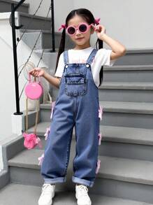 Young Girls Retro Mid-Blue Washed Denim Loose Straight Fit Overalls With Bow Decoration, Soft & Comfortable Casual Wear Toddler Girl Overalls Girl Denim Overalls Overalls With Bows Jeans With Pink Bows Bow Jeans