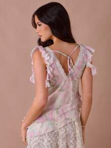 Enchnt Casual Lace Panel Ruffle Hem Sleeveless Blouse For Women - Multicolor - View 3