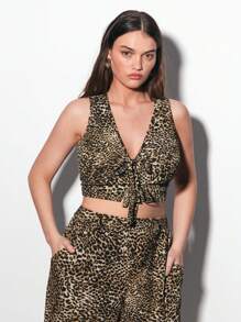 Maija Damen Große Größen Set aus Leoparden V-Ausschnitt Schleifchen-Krawatte Crop Top und weite Hose, 2-teiliges Set mit urbanem Chic-Design als Western-Streetwear für Frauen Country Konzerte - Verschiedenfarbig - Übersicht 4
