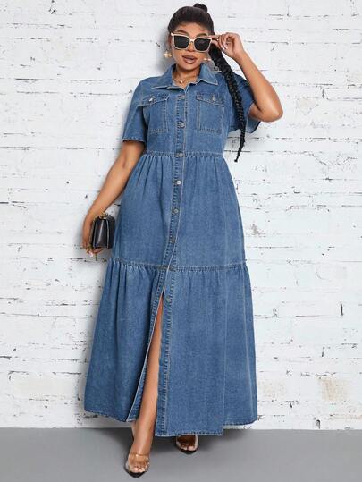 SHEIN SXY Plus Size Women Casual Denim Dress With Short Sleeve, Single-Breasted And Ruffle Hem