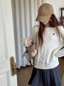 Hapijoa Suéter básico casual y suelto con cuello redondo y patrón bordado para adolescentes, otoño - Blanco - Ver 3