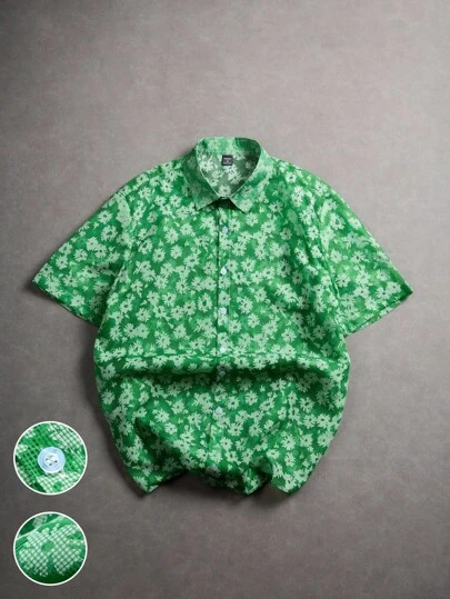 Manfinity Hypemode Men's Casual Vacation Style All-Over Floral Print Short Sleeve Shirt, Summer