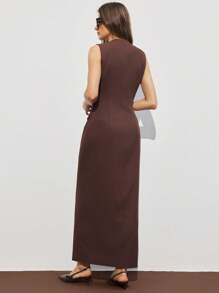 ATUI Studio 女式纯色休闲简约纽扣前无袖连衣裙 - 巧克力棕 - 查看 2